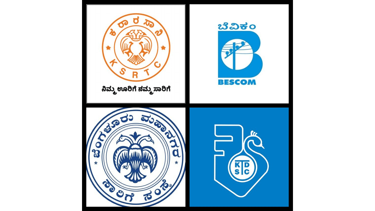 (Clockwise) The logos of KSRTC, BESCOM, BMTC and KSTDC, whose net worth the CAG declared is 'either zero or negative'. Credit: Respective Twitter handles