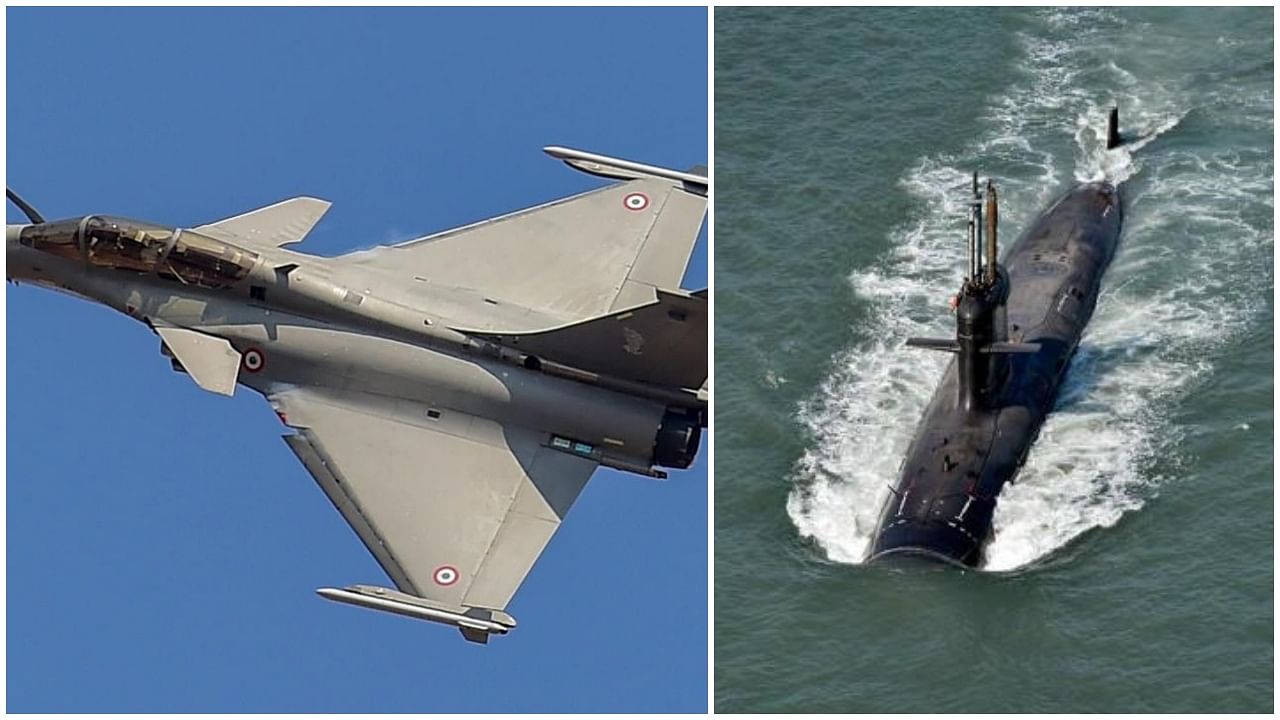 A Rafale fighter aircraft (L) and the fourth Scorpene-class submarine  'Vela'. Credit: PTI File Photo