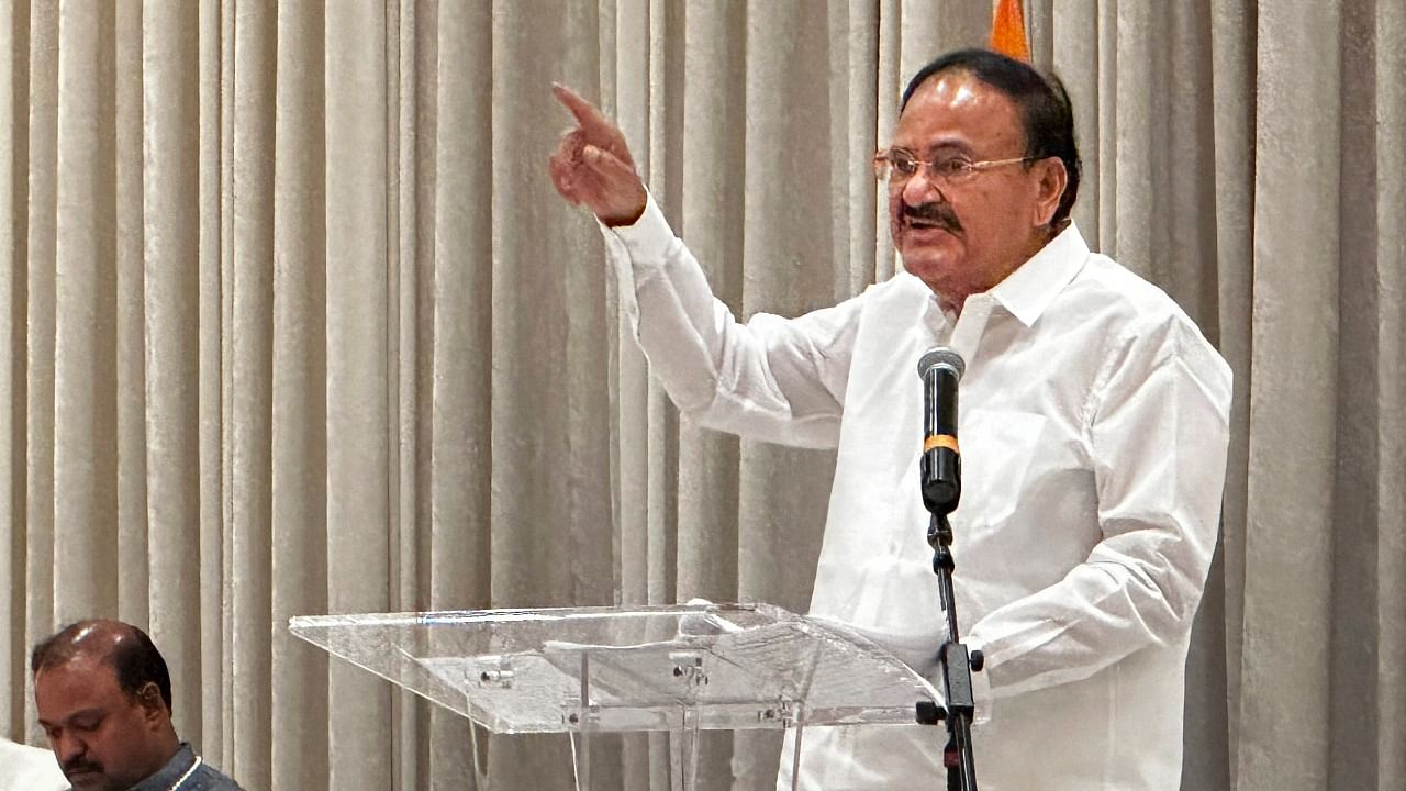 Former Vice President M. Venkaiah Naidu addresses gathering of Indian Americans at an event organised in his honor by National Council of Asian Indian Associations, in Washington. Credit: PTI Photo