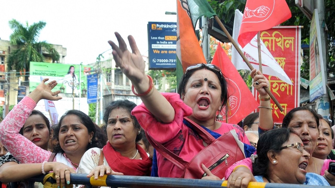 Left and Congress activists stage a protest against the TMC government over the rural poll violence in Bengal, Kolkata,Friday, June 23, 2023. Credit: IANS Photo
