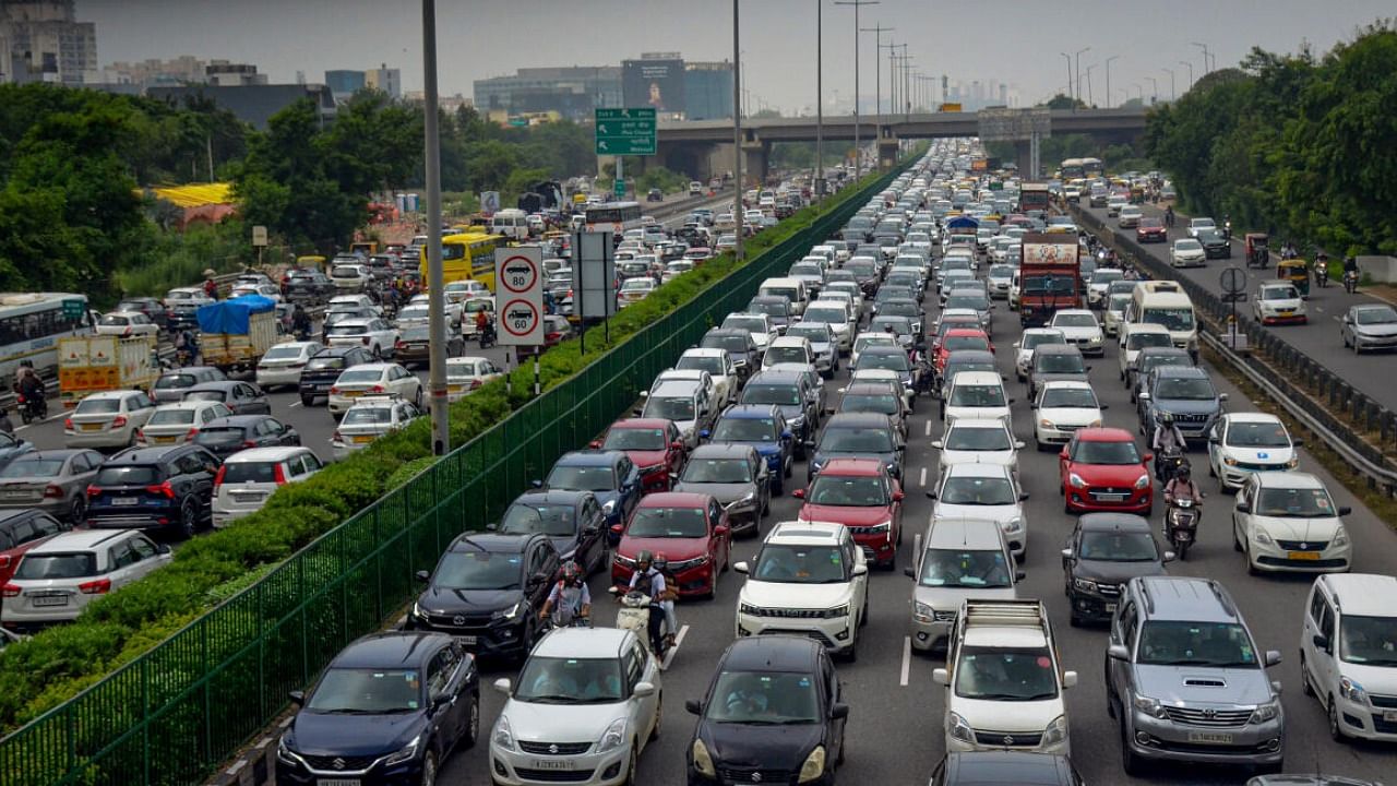 Vehicles stuck in a traffic jam on the Delhi-Gurugram Expressway. Credit: PTI Photo