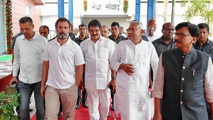 ongress leader Rahul Gandhi with Bihar CM and JD-U chief Nitish Kumar, Shiv Sena leader Sanjay Raut and others during the opposition parties' meeting, in Patna, Friday, June 23, 2023. Credit: PTI Photo