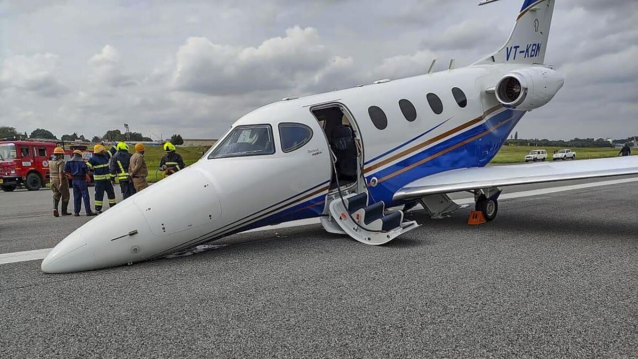  A private aircraft after it made an emergency landing due to a technical snag with its nose landing gear, at Hindustan Aeronautics Limited (HAL) airport in Bengaluru. Credit: PTI Photo