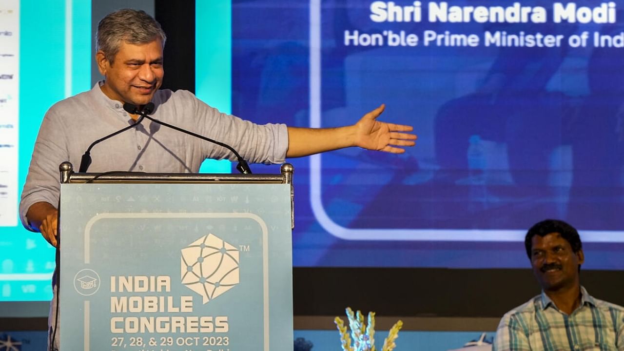 Union Minister for Communications, Electronics & Information Technology Ashwini Vaishnaw addresses during the India Mobile Congress 2023 'Curtain Raiser' event, in New Delhi. Credit: PTI Photo