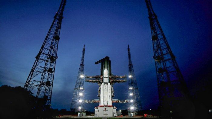 The Launch Vehicle Mark-III (LVM3) M4 vehicle with Chandrayaan-3 at the launch pad at Satish Dhawan Space Centre after the conclusion of a simulation of the entire launch preparation and process, in Sriharikota. Credit: PTI Photo