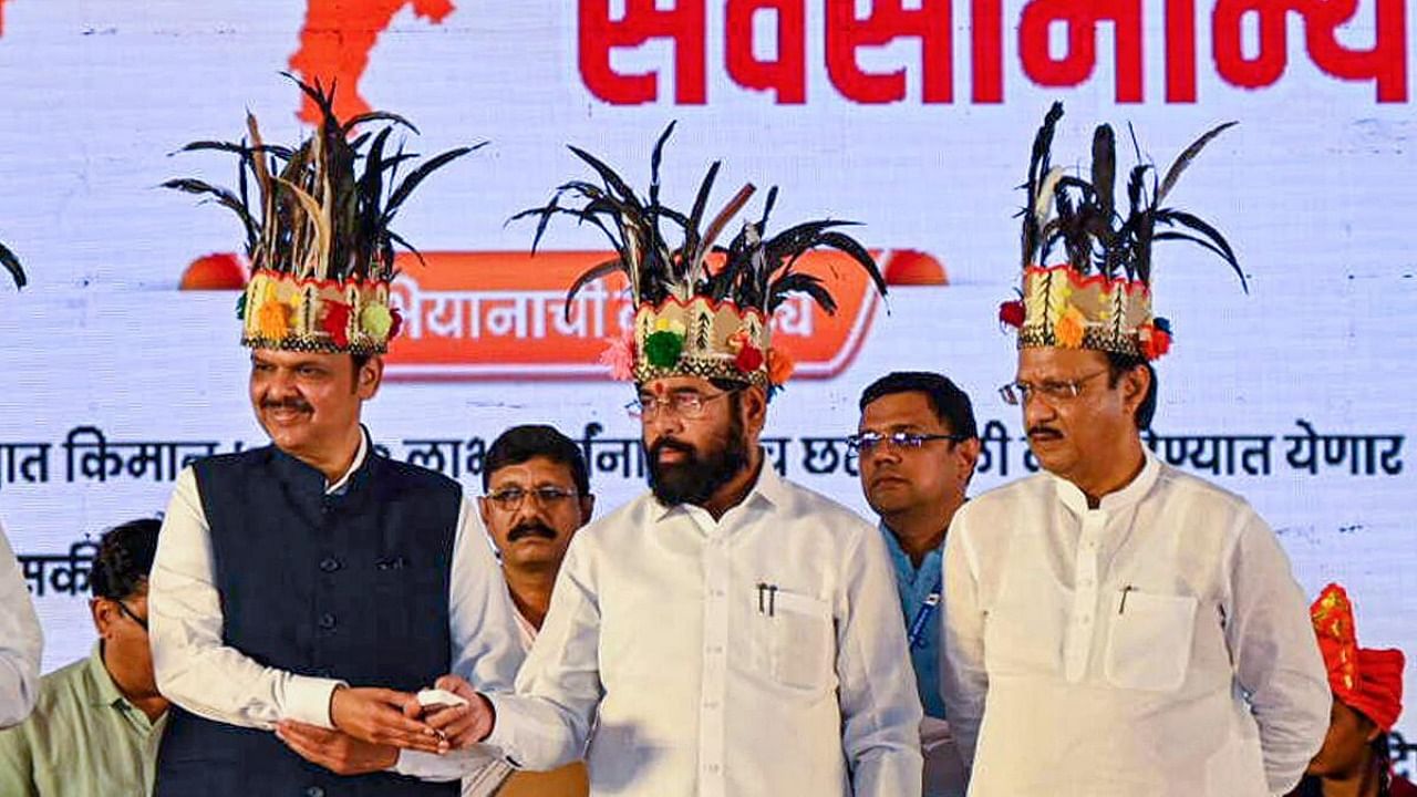 Maharashtra Chief Minister Eknath Shinde with Deputy Chief Ministers Devendra Fadnavis and Ajit Pawar. Credit: PTI Photo