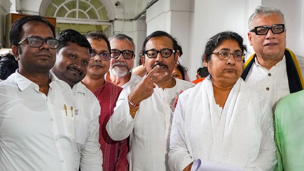 TMC candidates Samirul Islam, Prakash Chik Baraik, Saket Gokhale, Derek O'Brien and Dola Sen after filing their nomination papers for Rajya Sabha polls in Kolkata. Credit: PTI Photo