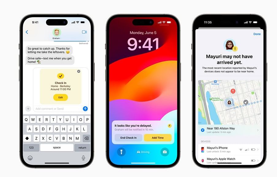 The new iOS 17 brings Check-in security feature to iPhones. Credit: Apple