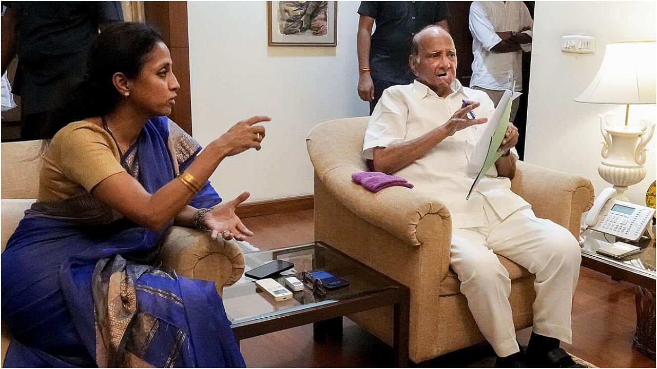 Nationalist Congress Party (NCP) chief Sharad Pawar with his daughter and party leader Supriya Sule during a meeting with Congress leader Rahul Gandhi (unseen) at his residence, in New Delhi, Thursday, July 6, 2023. Credit: PTI Photo