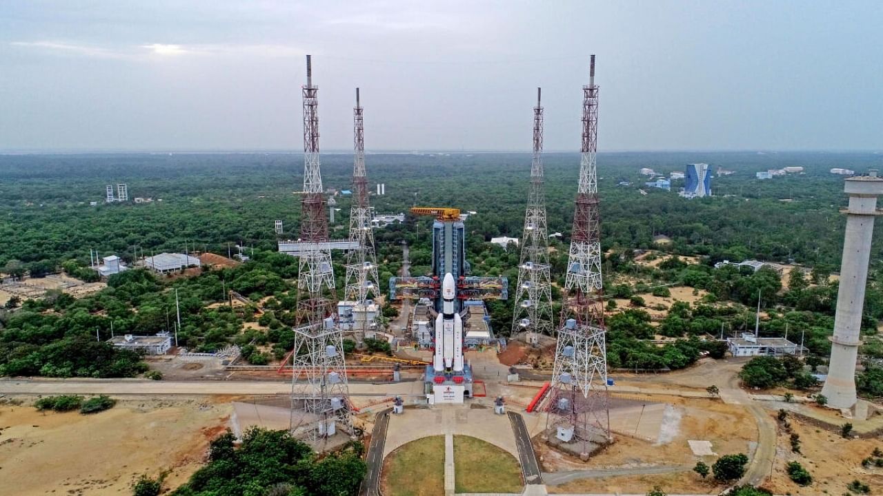 The Launch Vehicle Mark-III (LVM3) M4 vehicle with Chandrayaan-3 at the launch pad at Satish Dhawan Space Centre. Credit: PTI Photo