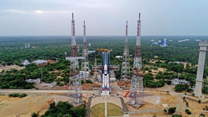 The Launch Vehicle Mark-III (LVM3) M4 vehicle with Chandrayaan-3 at the launch pad at Satish Dhawan Space Centre after the conclusion of a simulation of the entire launch preparation and process, in Sriharikota. Credit: PTI Photo 