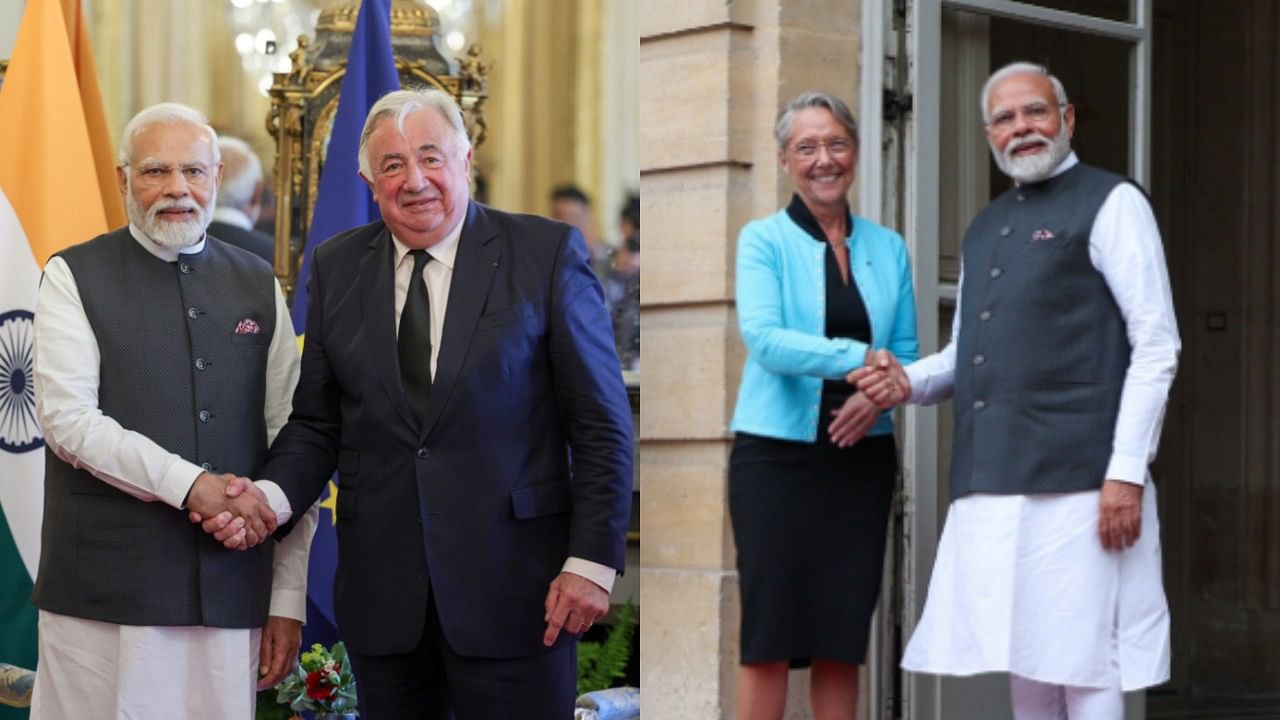 Prime Minister Narendra Modi with French Senate President Gerard Larcher (left) and French PM Elisabeth Borne. Credit: Twitter/@narendramodi, @PMOIndia