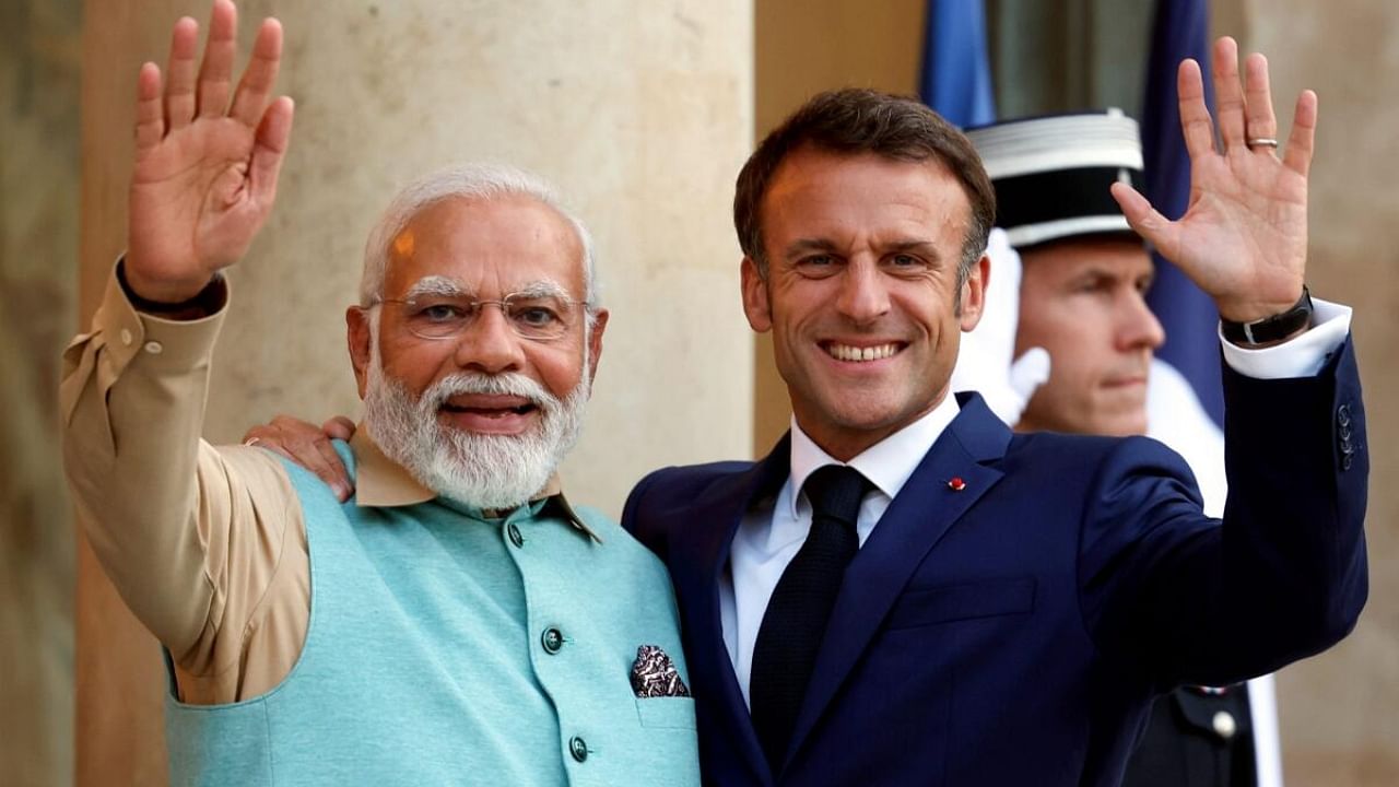 Prime Minister Narendra Modi with French President Emmanuel Macron. Credit: PTI Photo