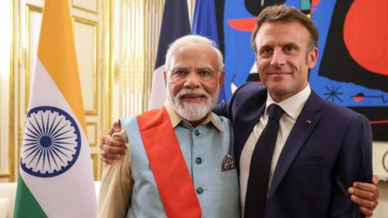 Indian PM Narendra Modi (left) with French president Emmanuel Macron (right). Credit: PTI Photo