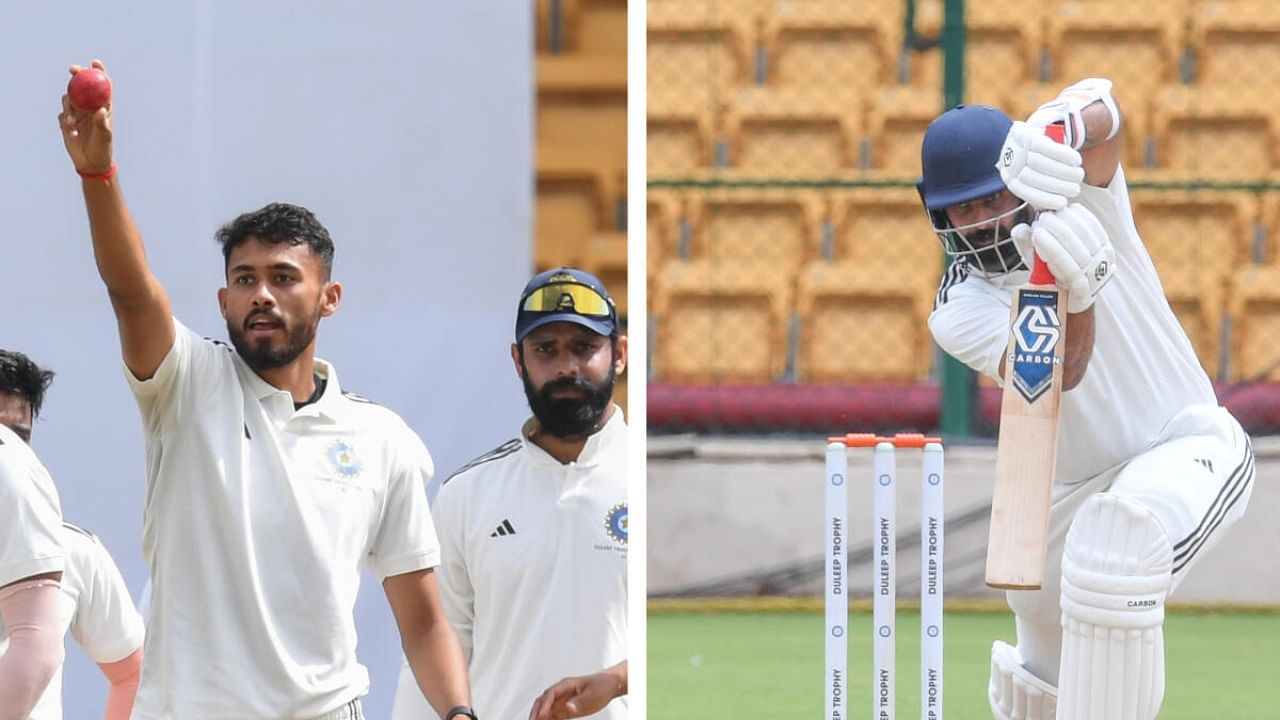 South Zone's Vidwath Kaverappa (left) took a fifer (7/53) while his skipper Hanuma Vihari scored crucial 42 on the third day of the Duleep Trophy final against West Zone at the M Chinnaswamy Stadium in Bengaluru on Friday. Credit: DH Photo/ SK Dinesh