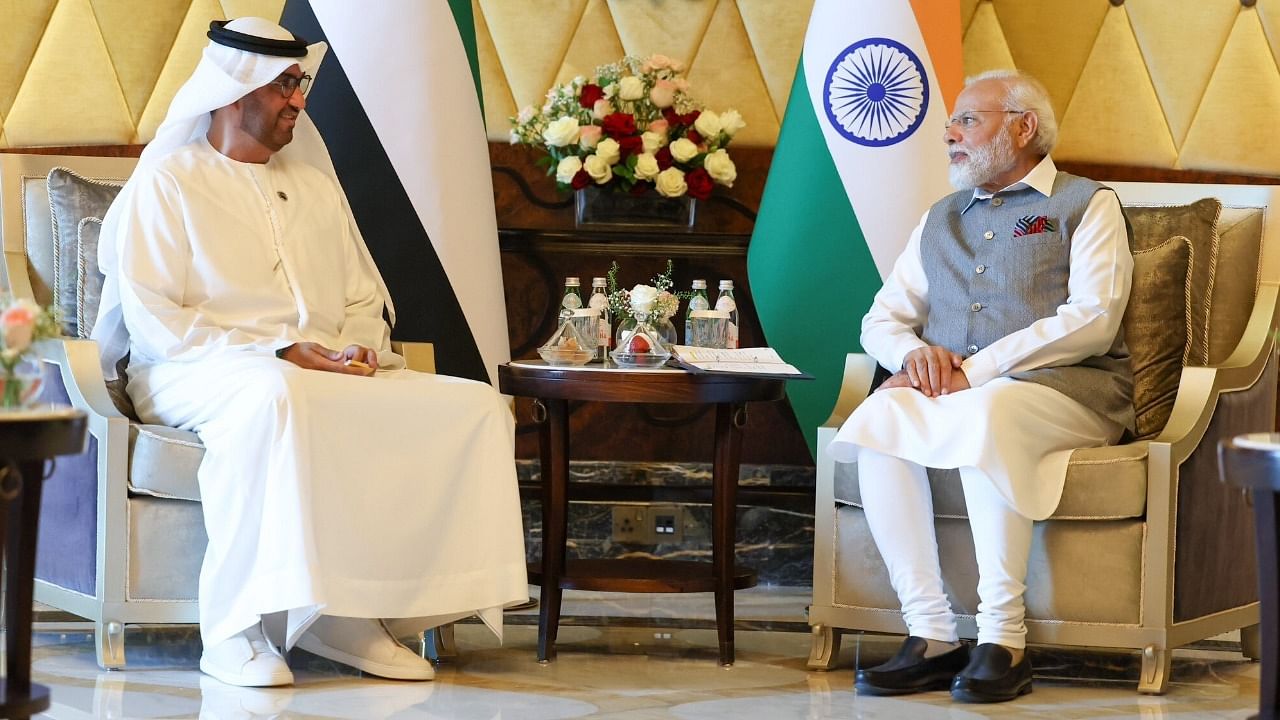 PM Modi with UN climate conference's President-designate Sultan Al Jaber. Credit: Twitter / @MEAIndia