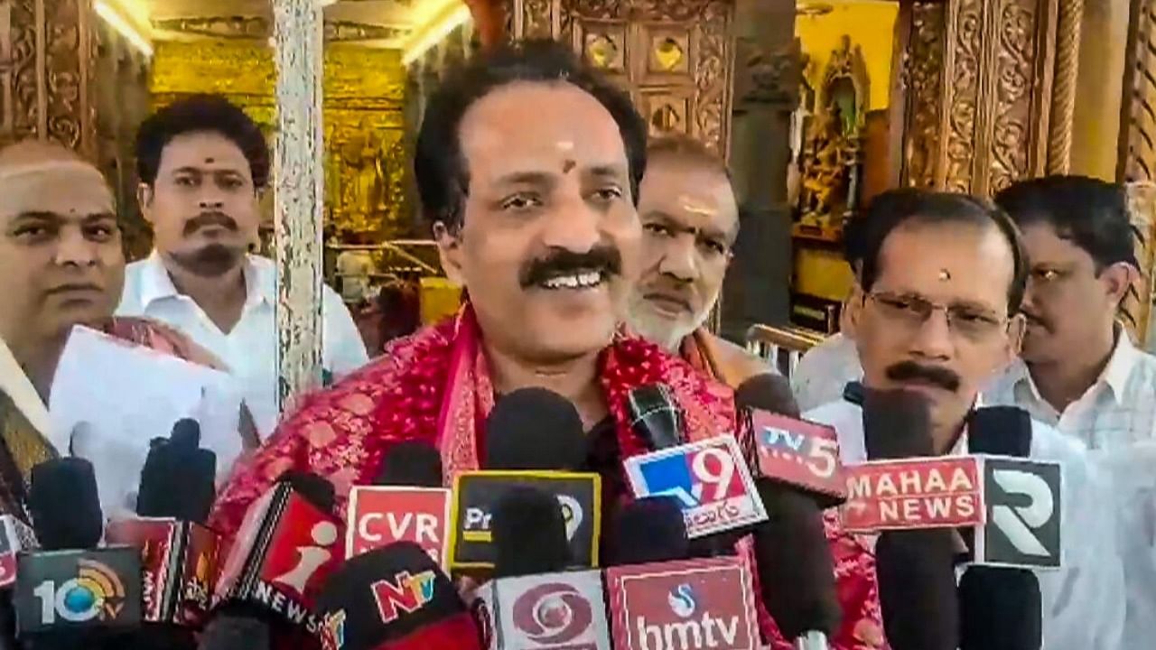 ISRO Chairman S Somnath speaks with the media after offering prayers at a temple ahead of ISRO's Chandrayaan-3 mission, in Tirupati. Credit: PTI Photo