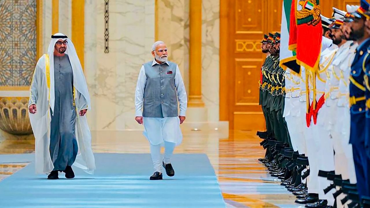 Prime Minister Narendra Modi being welcomed by UAE President Sheikh Mohamed bin Zayed Al Nahyan at the Qasr Al Watan Presidential Palace, in Abu Dhabi, Saturday, July 15, 2023. Credit: PTI Photo