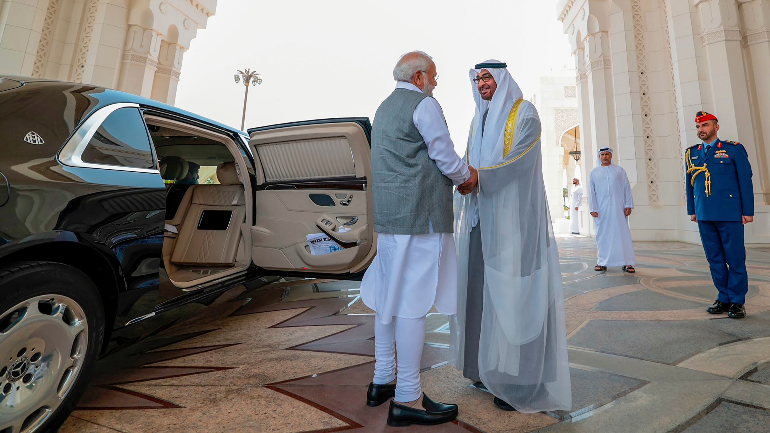 Prime Minister Narendra Modi being welcomed by UAE President Sheikh Mohamed bin Zayed Al Nahyan at the Qasr Al Watan Presidential Palace, in Abu Dhabi, Saturday, July 15, 2023. Credit: PTI Photo