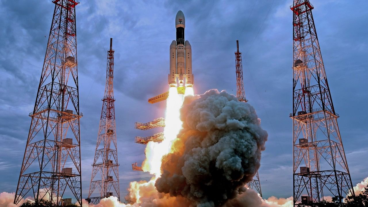 ISRO's Launch Vehicle Mark-III (LVM3) M4 rocket carrying 'Chandrayaan-3' lifts off from the launch pad at Satish Dhawan Space Centre. Credit: PTI Photo