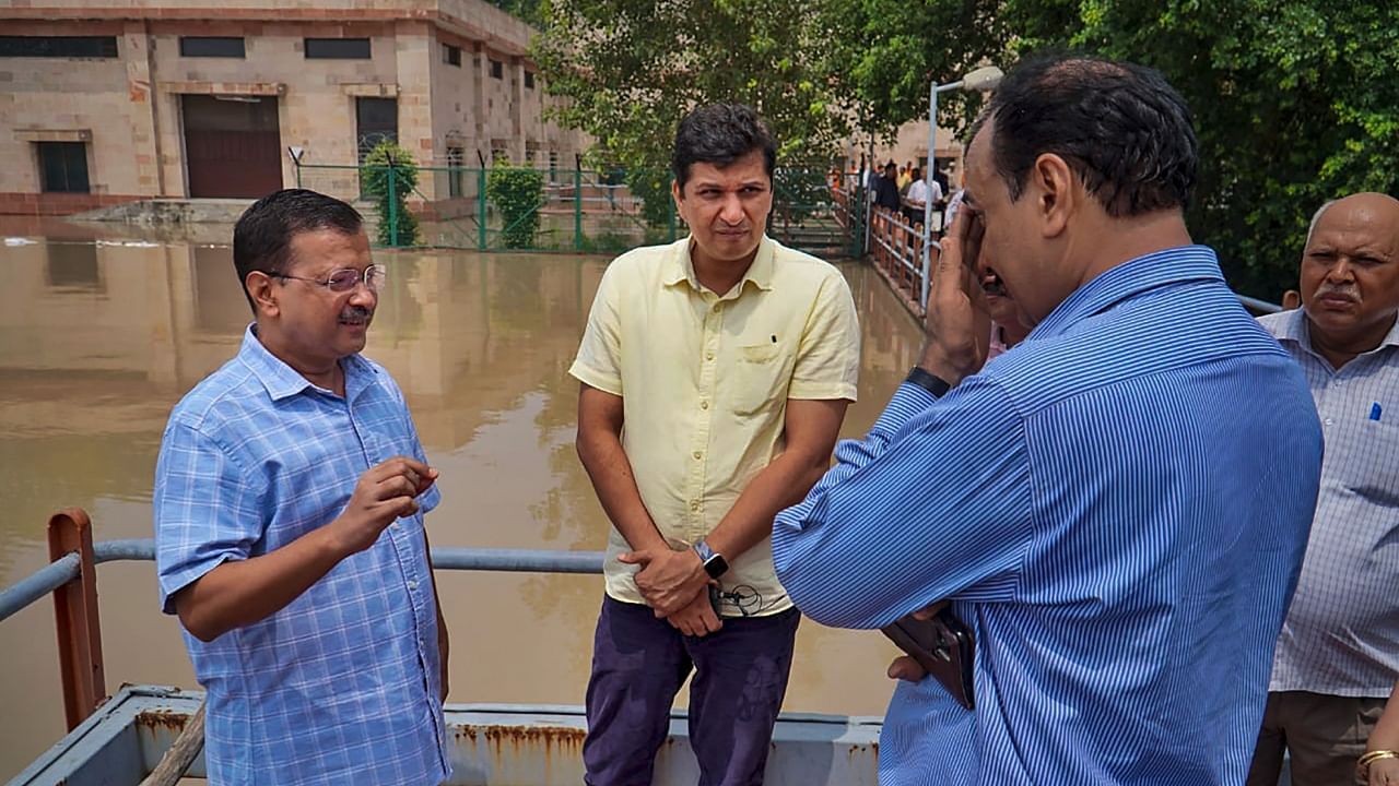 Delhi Chief Minister Arvind Kejriwal with Delhi Health Minister Saurabh Bharadwaj inspects Wazirabad water treatment plant, in New Delhi, Thursday, July 13, 2023. Credit: PTI Photo