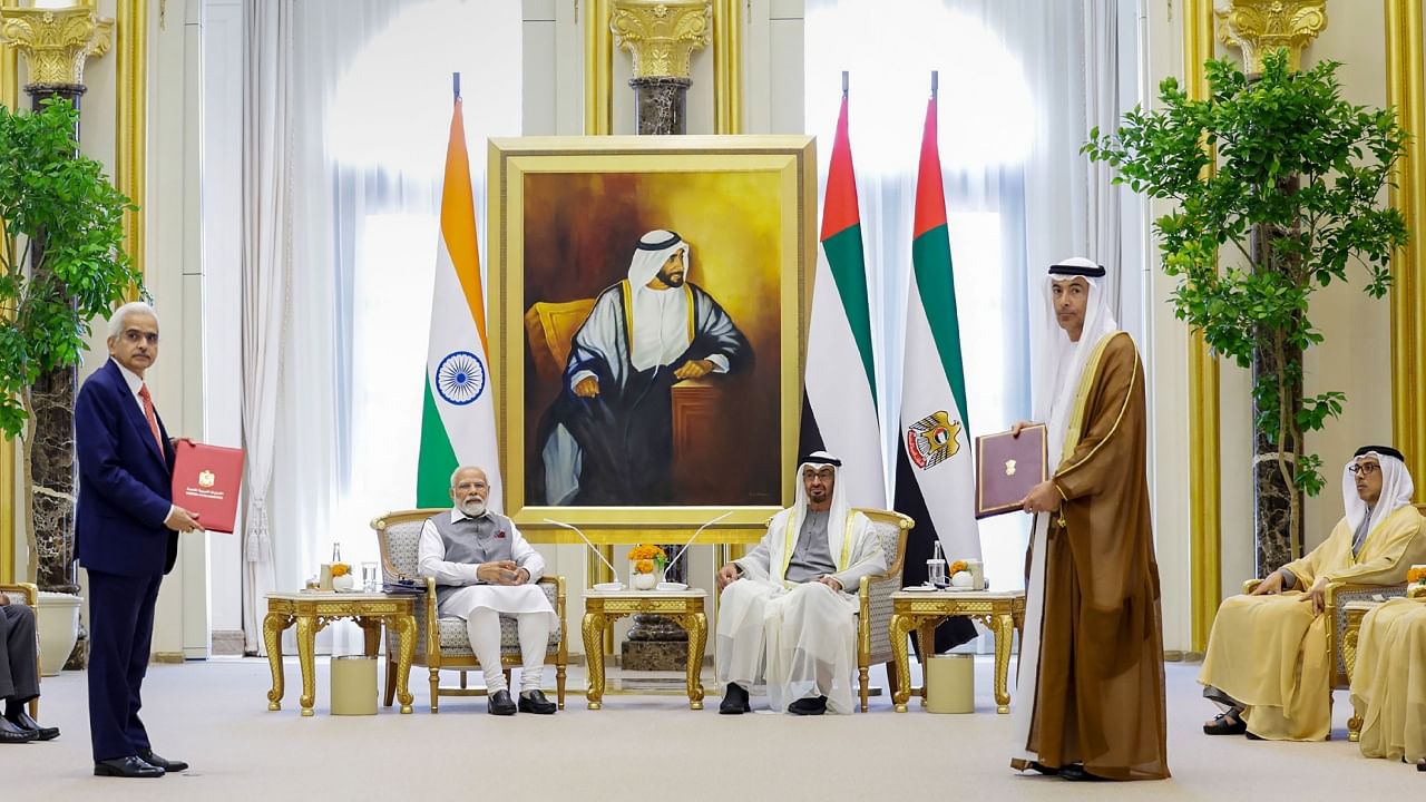 Prime Minister Narendra Modi and UAE President Sheikh Mohamed bin Zayed Al Nahyan witness the exchange of MoUs at Qasr Al-Watan, in Abu Dhabi, Saturday, July 15, 2023. Credit: PTI Photo