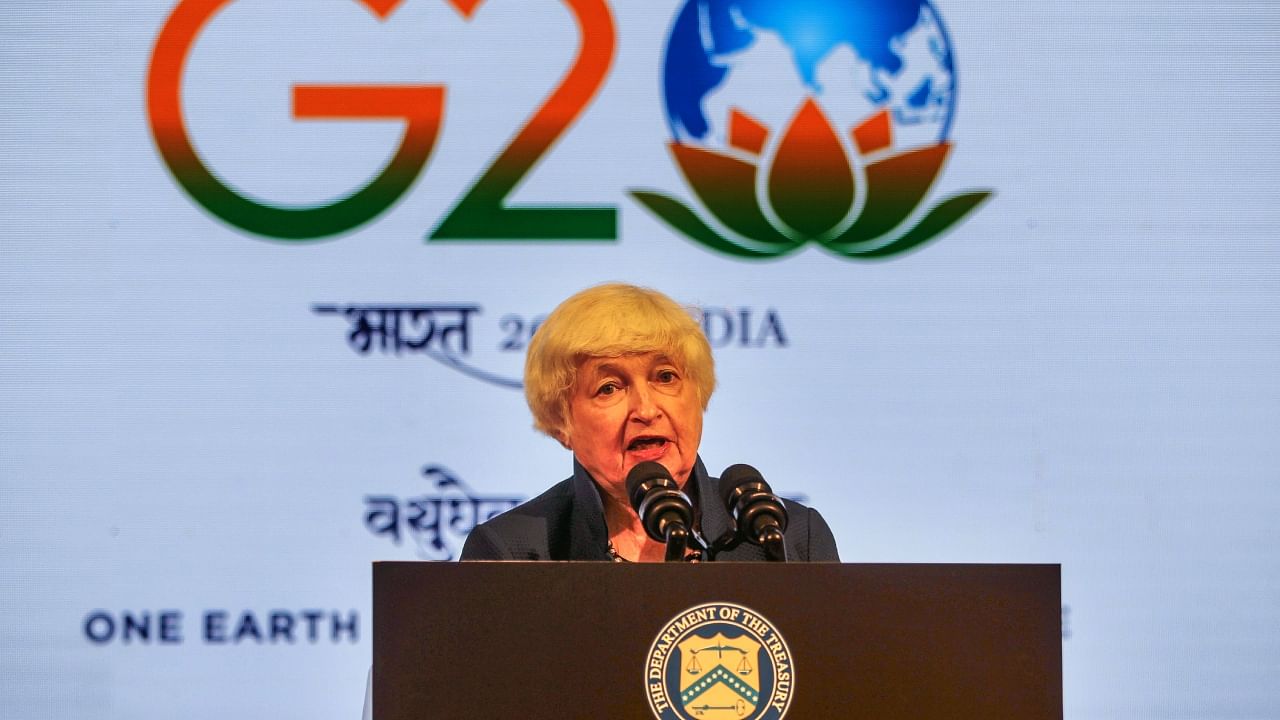 United States Treasury Secretary Janet Yellen addresses the media during the G20 Finance Ministers and Central Bank Governors (FMCBGs) meeting, in Gandhinagar, Sunday, July 16, 2023. Credit: PTI Photo