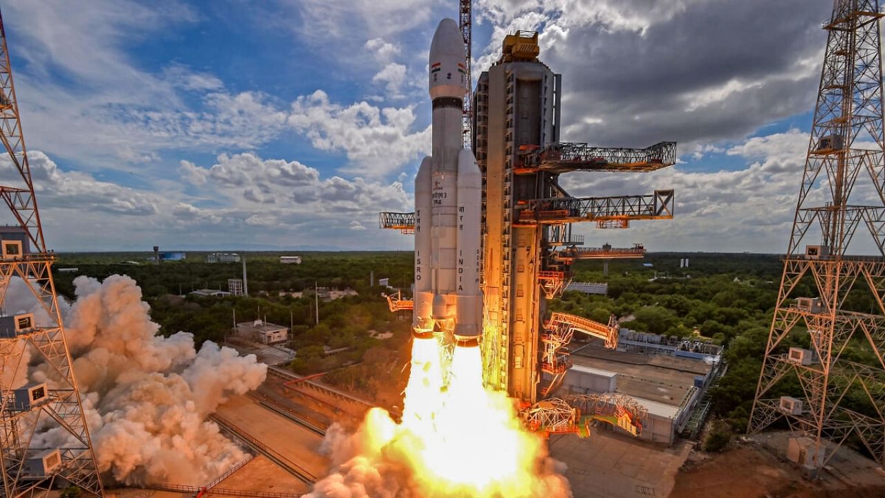 ISRO's Launch Vehicle Mark-III (LVM3) M4 rocket carrying 'Chandrayaan-3' lifts off from the launch pad at Satish Dhawan Space Centre. Credit: PTI Photo