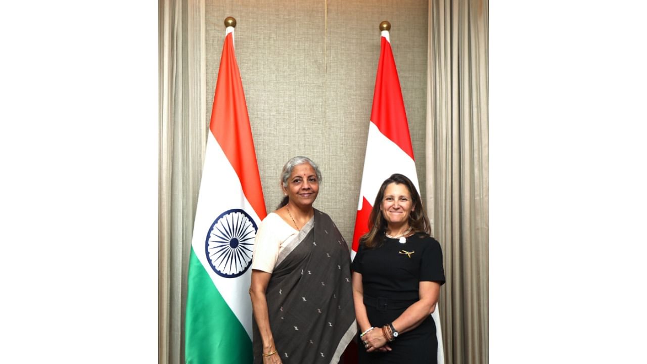 Union Finance Minister Nirmala Sitharaman and Canadian Deputy Prime Minister and Minister of Finance Chrystia Freeland. Credit: Twitter/@FinMinIndia