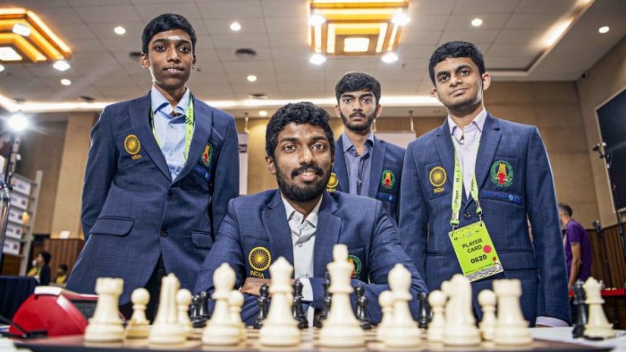 Grandmasters (standing from left) Rameshbabu Praggnanandhaa, Dommaraju Gukesh and Nihal Sarin are three of four brightest chess players in the country apart from Arjun Erigaisi (not seen in the picture). Credit: PTI File Photo