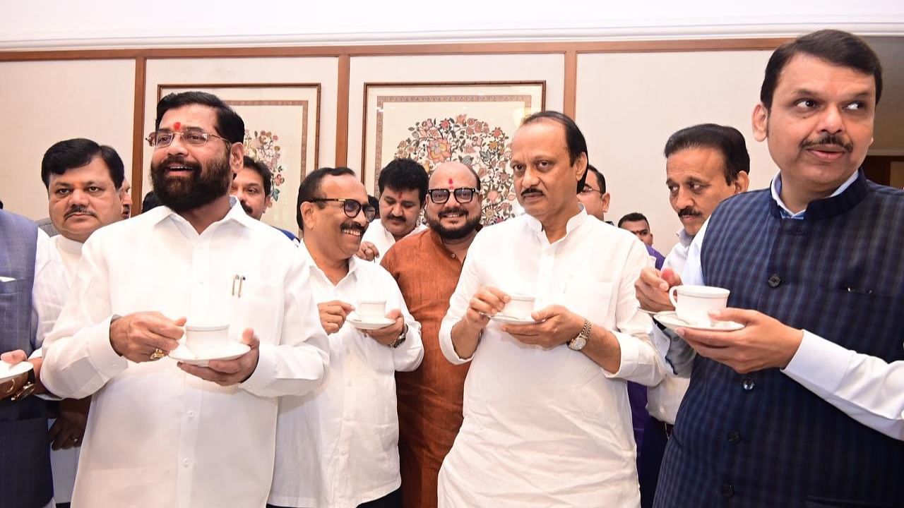 Maharashtra Chief Minister Eknath Shinde (L), with Deputy Chief Ministers Ajit Pawar (C) and Devendra Fadnavis (R). Credit: Twitter/@mieknathshinde