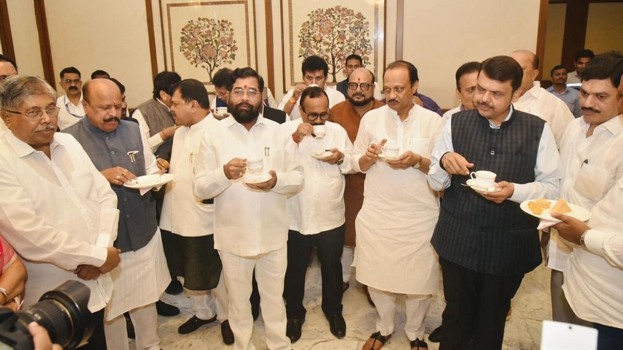 Chief Minister Eknath Shinde, two Deputy Chief Ministers Devendra Fadnavis and Ajit Pawar at the customary tea party cum meeting on the eve of monsoon session of Maharashtra Legislature. Photo credit: DGIPR