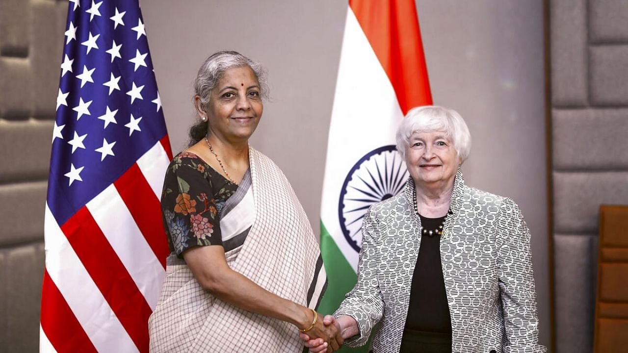Union Finance Minister Nirmala Sitharaman meets with United States Treasury Secretary Janet Yellen on the sidelines of the 3rd G20 Finance Ministers and Central Bank Governors meeting, in Gandhinagar. Credit: PTI Photo