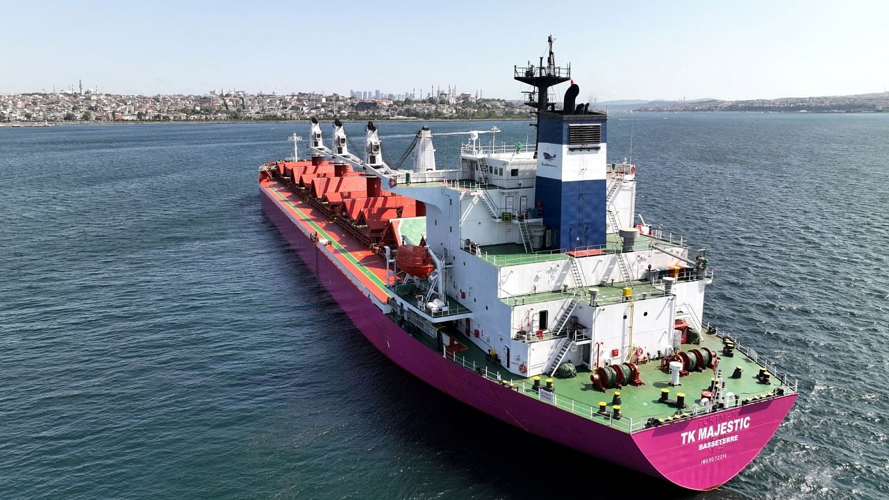 Saint-Kitts-and-Nevis-flagged bulker TK Majestic, carrying grain under the UN's Black Sea Grain Initiative, waits in the southern anchorage of the Bosphorus in Istanbul, Turkey July 15, 2023. Credit: Reuters File Photo