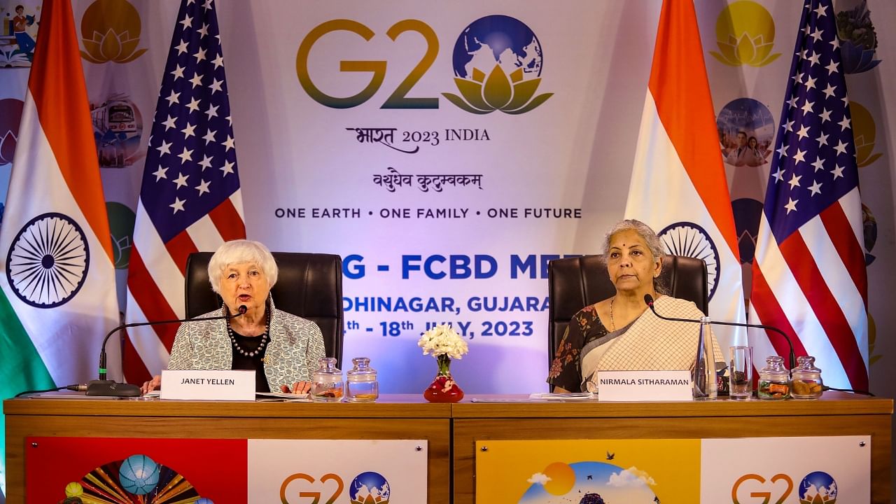 Union Finance Minister Nirmala Sitharaman during a meeting with United States Treasury Secretary Janet Yellen on the sidelines of the 3rd G20 Finance Ministers and Central Bank Governors meeting, in Gandhinagar, Monday, July 17, 2023. Credit: PTI Photo