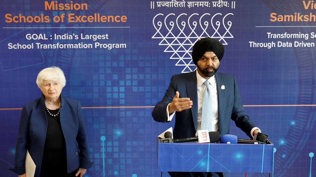 World Bank President Ajay Banga speaks with the media as US Treasury Secretary Janet Yellen looks after their visit to Vidya Samiksha Kendra at Gandhinagar, July 16, 2023. Credit: Reuters Photo