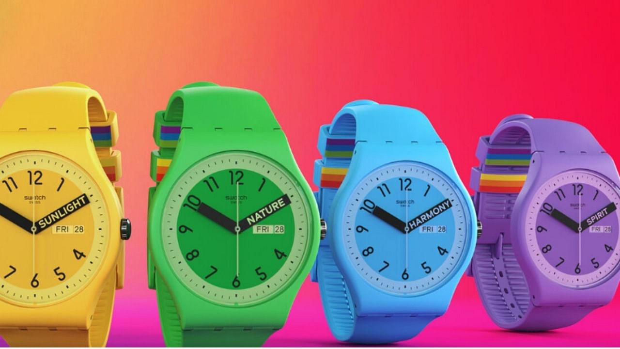 Watches inspired by the Pride flag. Credit: Swatch website