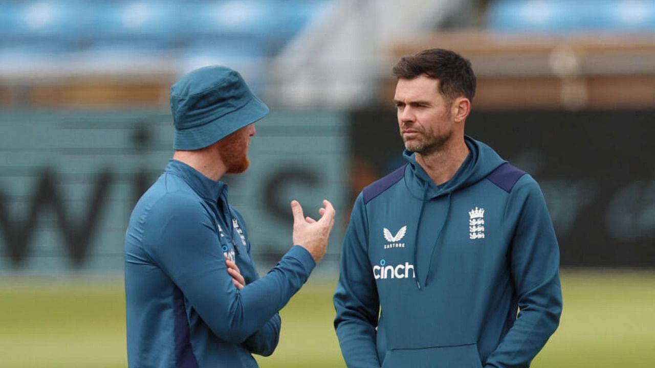 England's James Anderson with Ben Stokes during practice. Credit: Reuters Photo