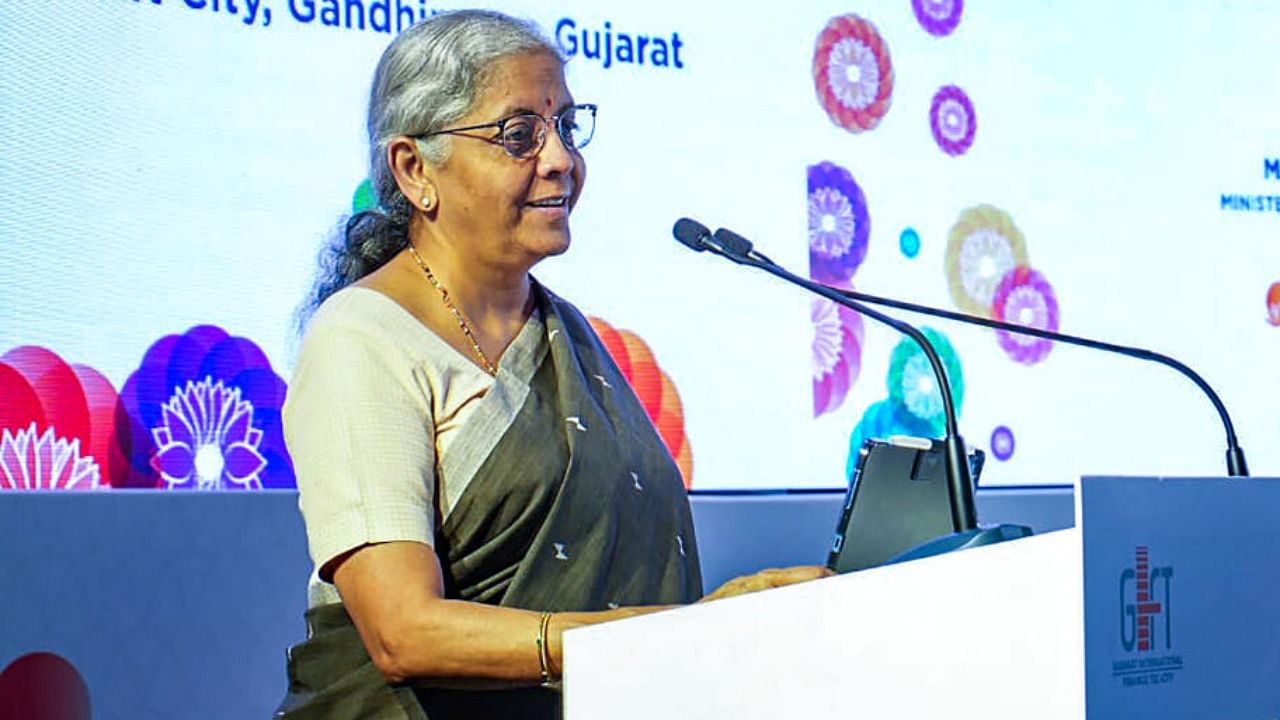 Union FM Nirmala Sitharaman addresses the 'G20 Infrastructure Investors Dialogue'. Credit: PTI Photo