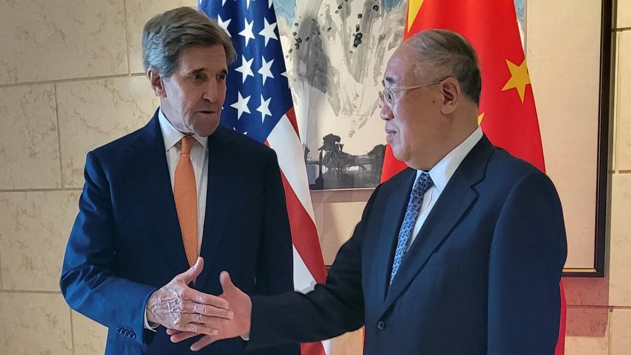 US Special Presidential Envoy for Climate John Kerry meets with his Chinese counterpart Xie Zhenhua in Beijing. Credit: Reuters Photo