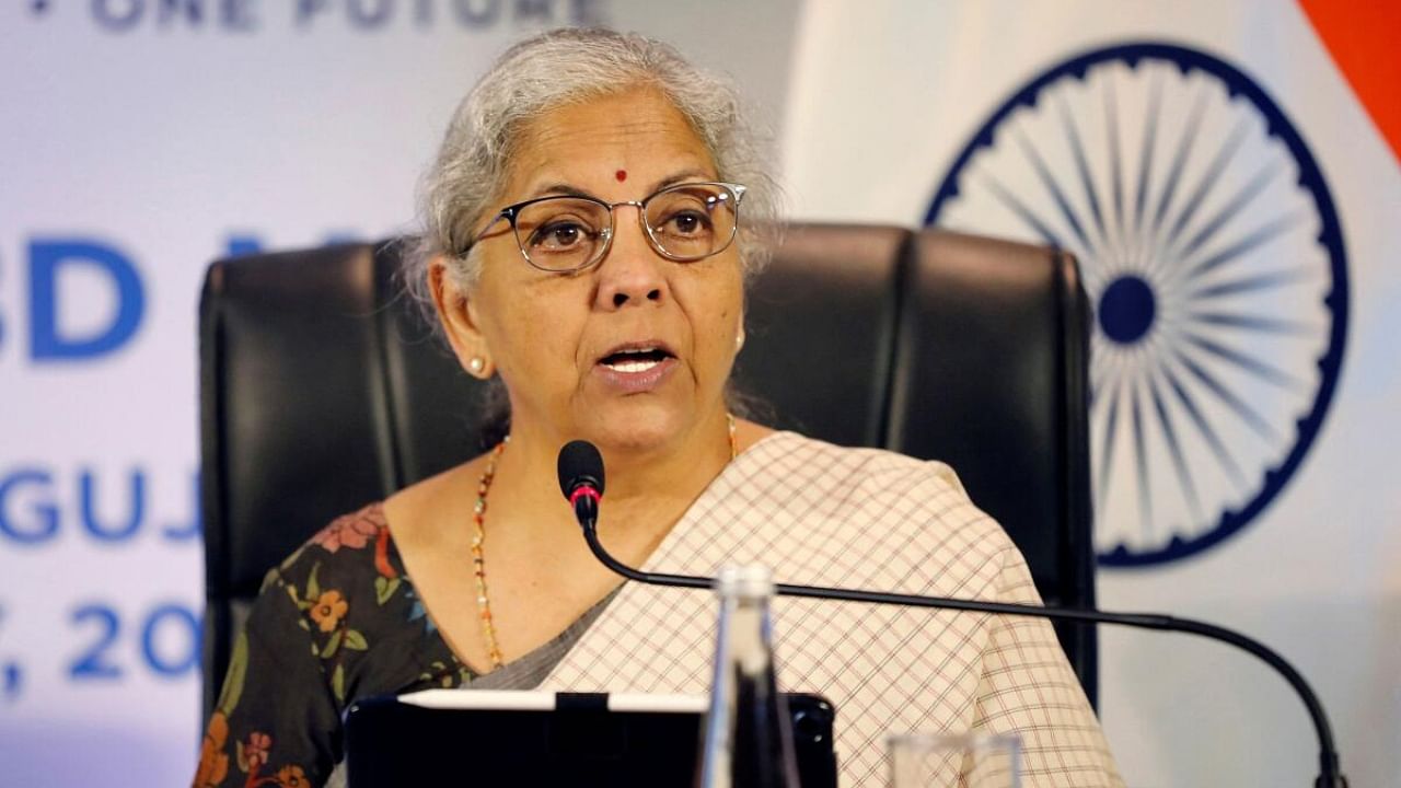 Finance Minister Nirmala Sitharaman addresses media on sidelines of a G20 meeting at Gandhinagar. Credit: Reuters Photo