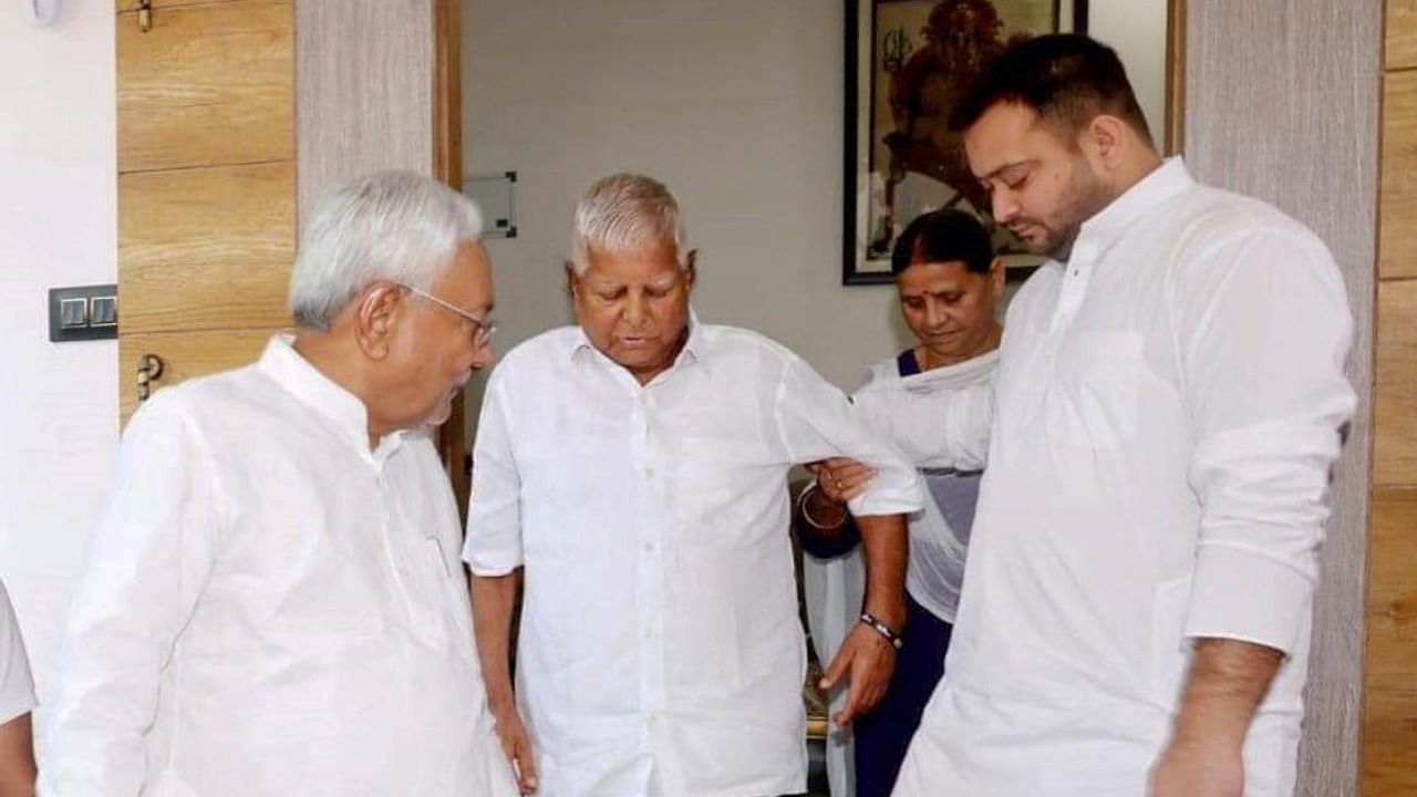 Bihar Chief Minister Nitish Kumar meets RJD chief Lalu Prasad in Patna, September 5, 2022. Deputy CM Tejashwi is also seen. Credit: PTI Photo