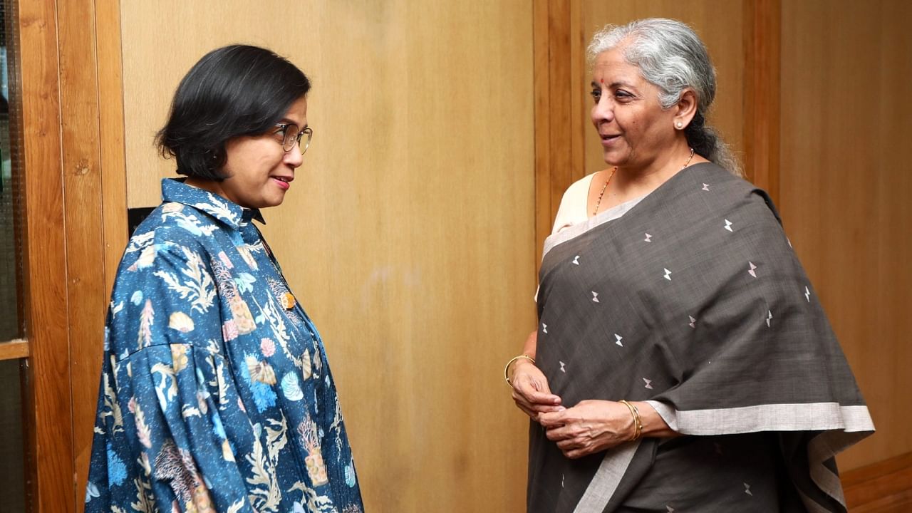 Union Finance Minister Nirmala Sitharaman during a meeting with Finance Minister of Indonesia Sri Mulyani Indrawati ahead of the 3rd G20 Finance Minister Central Bank Governors meeting, in Gandhinagar. Credit: PTI Photo