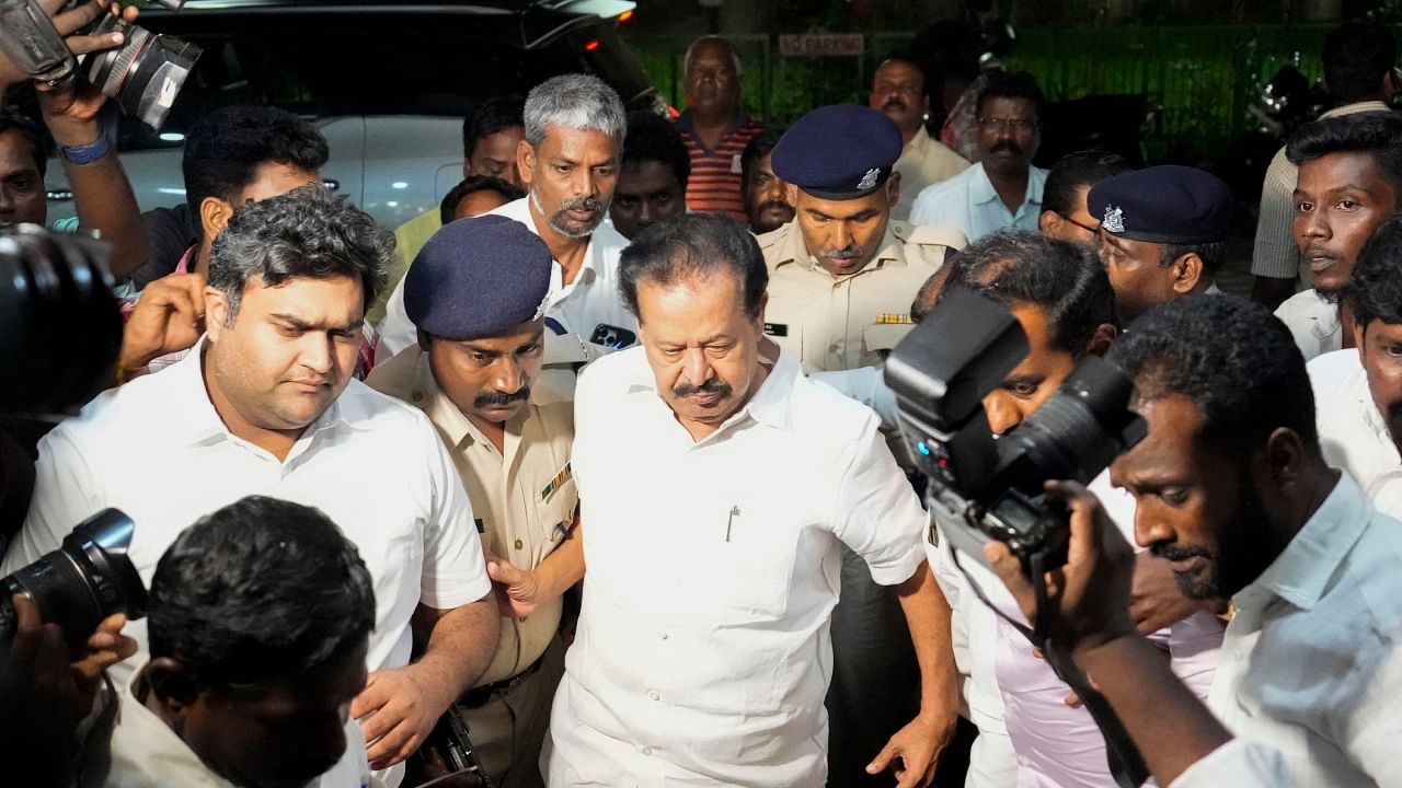 Enforcement Directorate officials take Tamil Nadu Higher Education Minister K Ponmudy for enquiry after day-long searches at his premises in connection with a money laundering case, in Chennai, Monday, July 17, 2023. Credit: PTI Photo