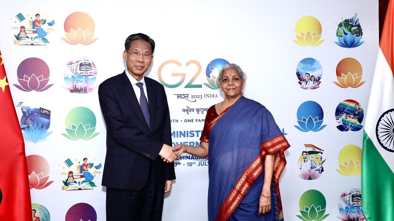 Finance Minister Nirmala Sitharaman and Chinese Minsiter Liu Kun. Credit: Twitter/@FinMinIndia