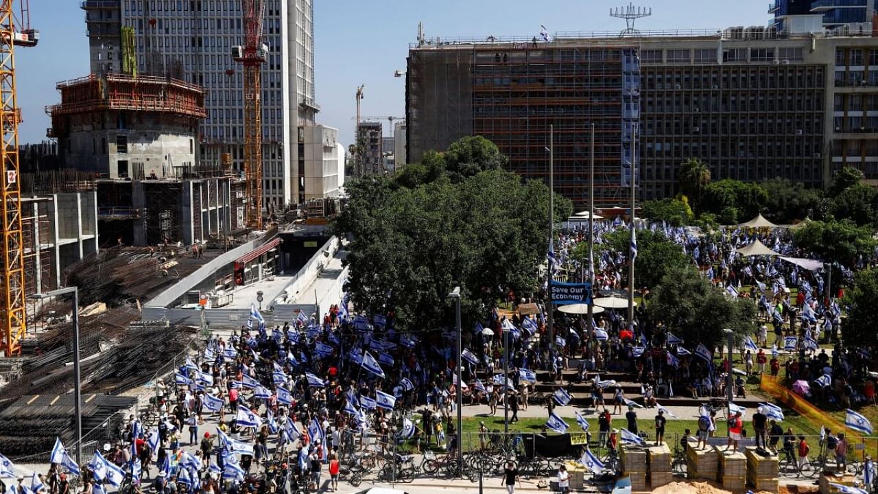 People demonstrate on the 'Day of National Resistance' in protest against Israeli Prime Minister Benjamin Netanyahu and his nationalist coalition government's judicial overhaul, in Tel Aviv, Israel. Credit: Reuters Photo