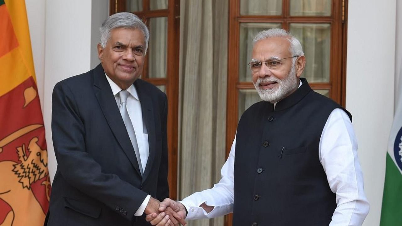 PM Narendra Modi with Sri Lankan President Ranil Wickremesinghe. Credit: PTI File Photo