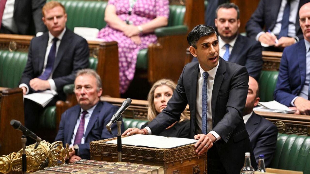 British Prime Minister Rishi Sunak speaks during the Prime Minister's Questions at the House of Commons in London. Credit: Reuters Photo