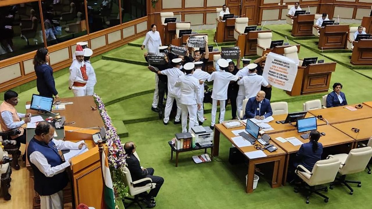 Goa Governor P.S. Sreedharan Pillai delivers his address as opposition MLAs protest during the Winter Session of Goa Assembly, in Goa, Monday, Jan. 16, 2023. Credit: PTI Photo