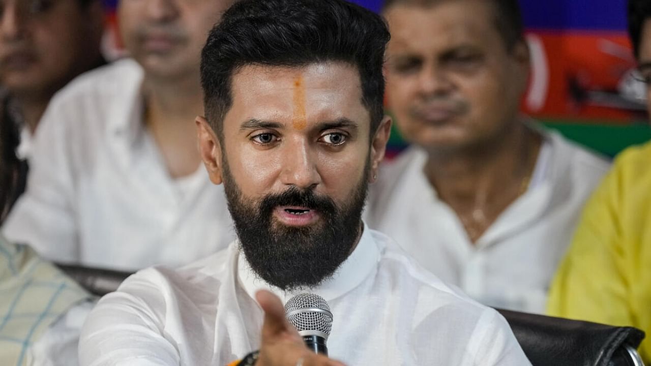 Lok Janshakti Party (Ram Vilas) chief Chirag Paswan, who joined the NDA ahead of the next year's Lok Sabha polls, addressing a press conference. Credit: PTI Photo